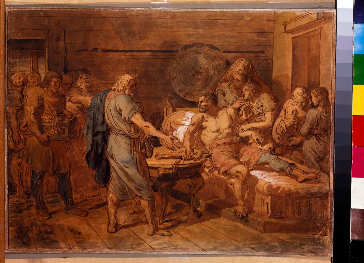Kuzma Minins (død 1616) appel til prins Dmitri Pozharsky (1577-1642) - Værk af Grigori Ivanovich Ugryumov (Ugrioumov) (1764-1823), akvarel og hvidt på papir, ca. 1800 (31,6x42 cm) - (Kuzma Mini) prinsen Dmitrij Pozharsky, Wat af Grigoriy Ivanovich Ugryumov