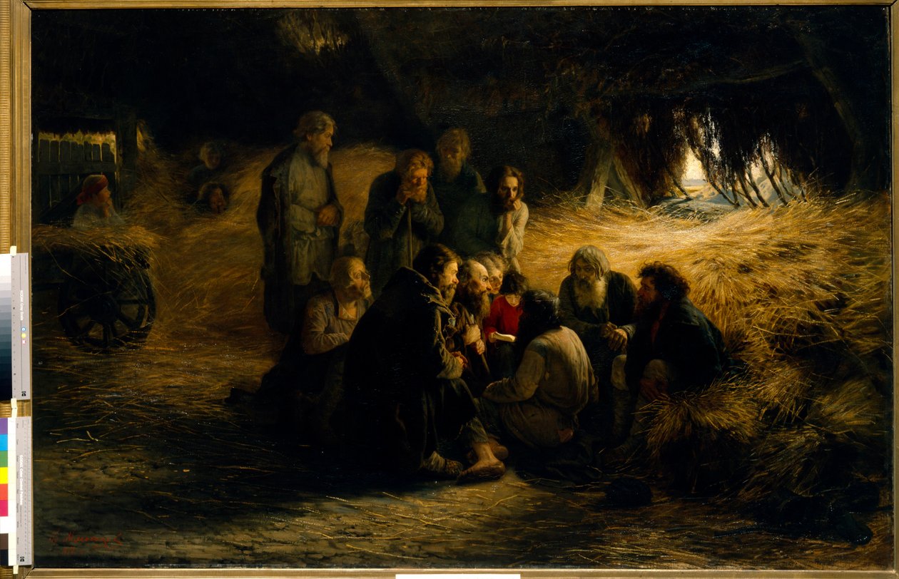 Afskaffelse af livegenskab i Rusland: meddelelse om frigørelsen af ​​livegne i 1861 (Meddelelsen om livegenskabsreform af 1861) - Olie på lærred af Grigori (Grigoriy, Grigory) Grigoryevich Myasoyedov (Myasoedov, Miasoedov) (1918134-1918134) af Grigoriy Myasoyedov