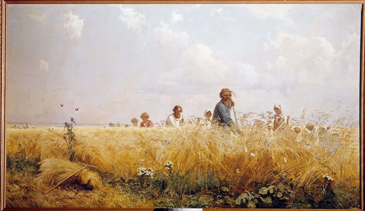 Høst russiske bønder, der slår bleserne. Maleri af Grigori Miassoiedow (1835-1911) Peterhof fra det 19. århundrede, slottets bibliotek af Grigoriy Myasoyedov