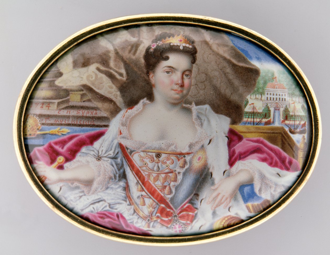 Portræt af Catherine I (1684-1727), 1724 (emalje på guld) (par 209297) af Grigory Semyonovich Musikiysky