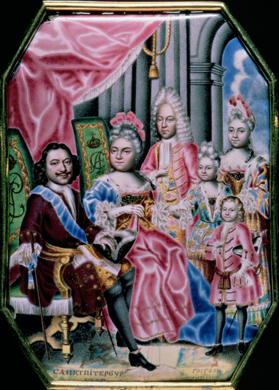 Kejser Peter I, den Stores familie (1672-1725), 1717 (emalje) af Grigory Semyonovich Musikiysky