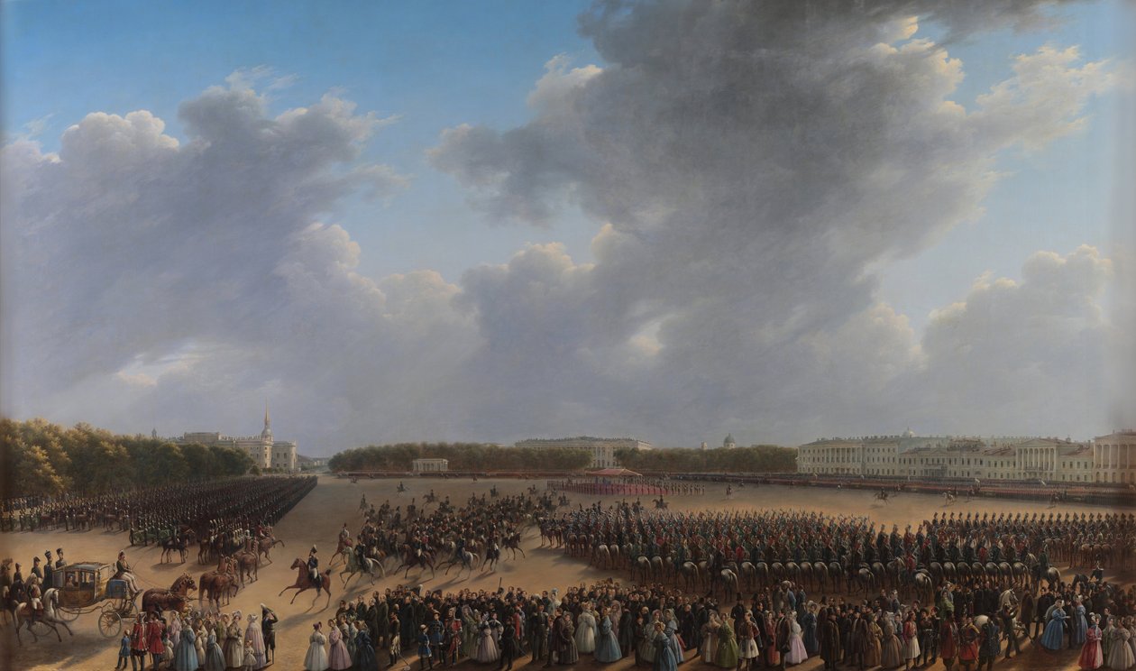 Parade, der fejrer afslutningen på militæraktionen i Kongeriget Polen på Tsaritsa Meadow i Skt. Petersborg den 6. oktober 1831 af Grigory Chernetsov