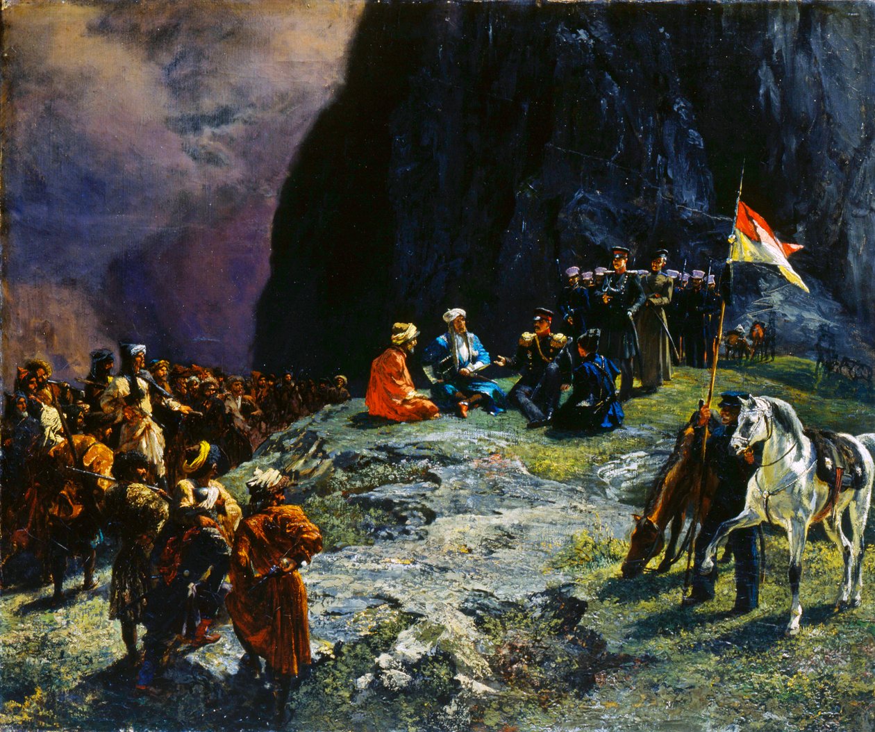 Mødet mellem general Klüke von Klügenau og Imam Shamil i 1837, 1849. af Grigory Gagarin