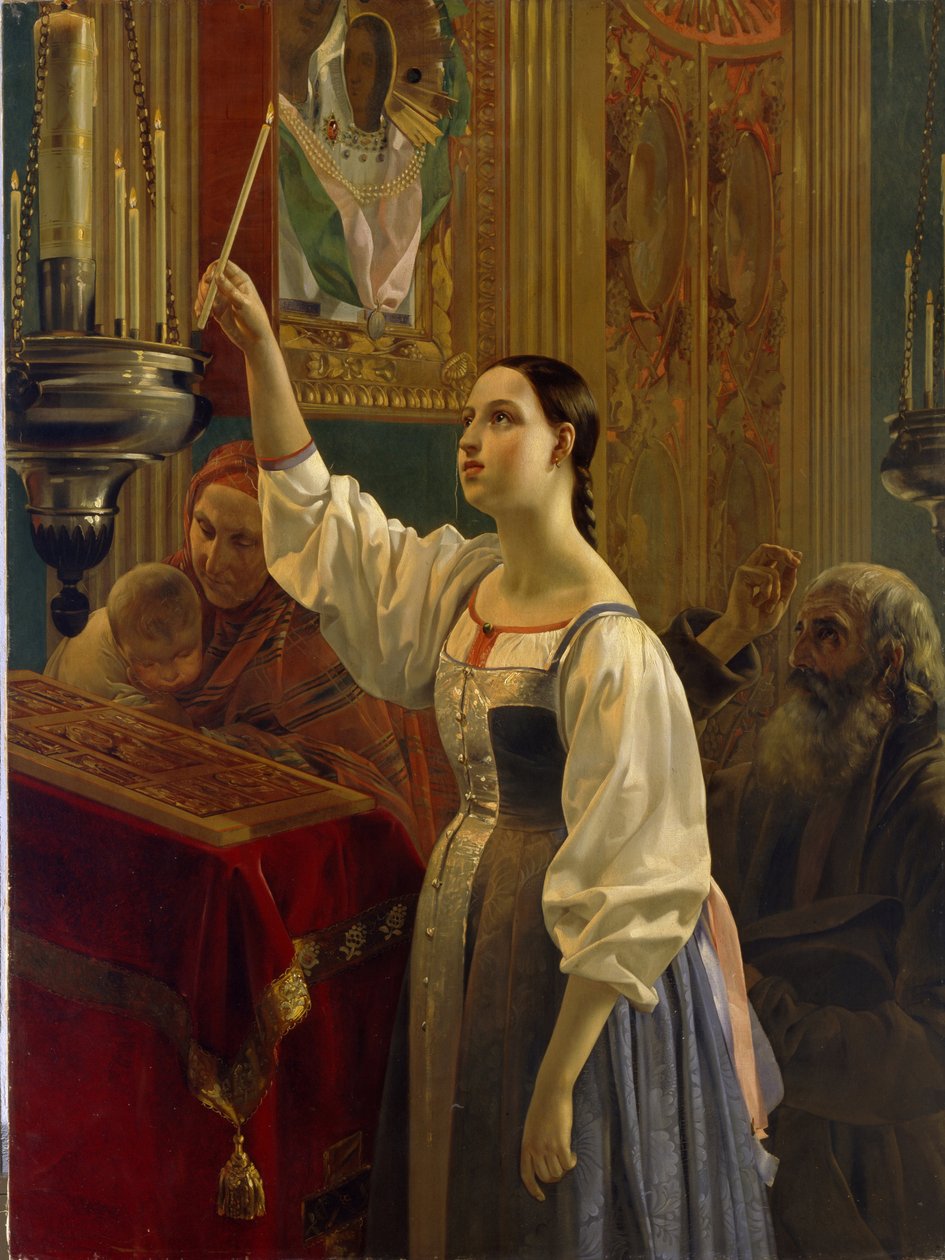Ung pige placerer et stearinlys foran et ikon. (Pige placerer et stearinlys før ikonet). I en ortodoks kirke, skærtorsdag i påskeugen. Maleri af Grigori Karpovich Mikhaylov (Mikhailov) (1814-1867), olie på lærred af Grigory Mikhailov