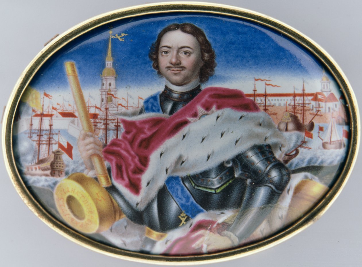 Portræt af Peter I (1672-1725) foran Peter og Paul-fæstningen og Treenighedspladsen i Sankt Petersborg, 1723 (emalje på guld) (se 126084) af Grigory Semyonovich Musikiysky