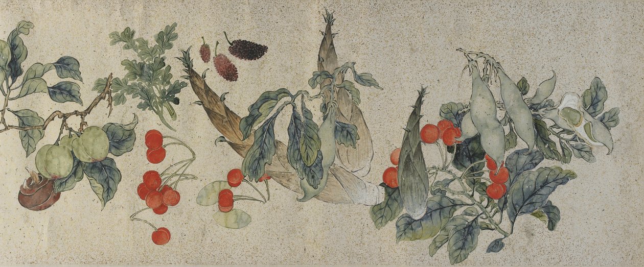 Grøntsager og frugter, Qing-dynastiet, 1828 (blæk og farve på guldfarvet papir) af Gu Luo