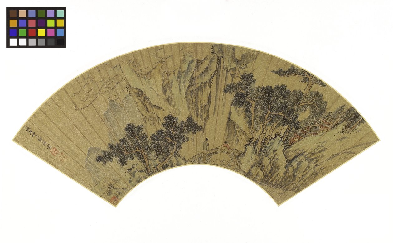 Bjerglandskab med to figurer på en bro, 1558 (blæk og farver på guldpapir) af Gu Qian