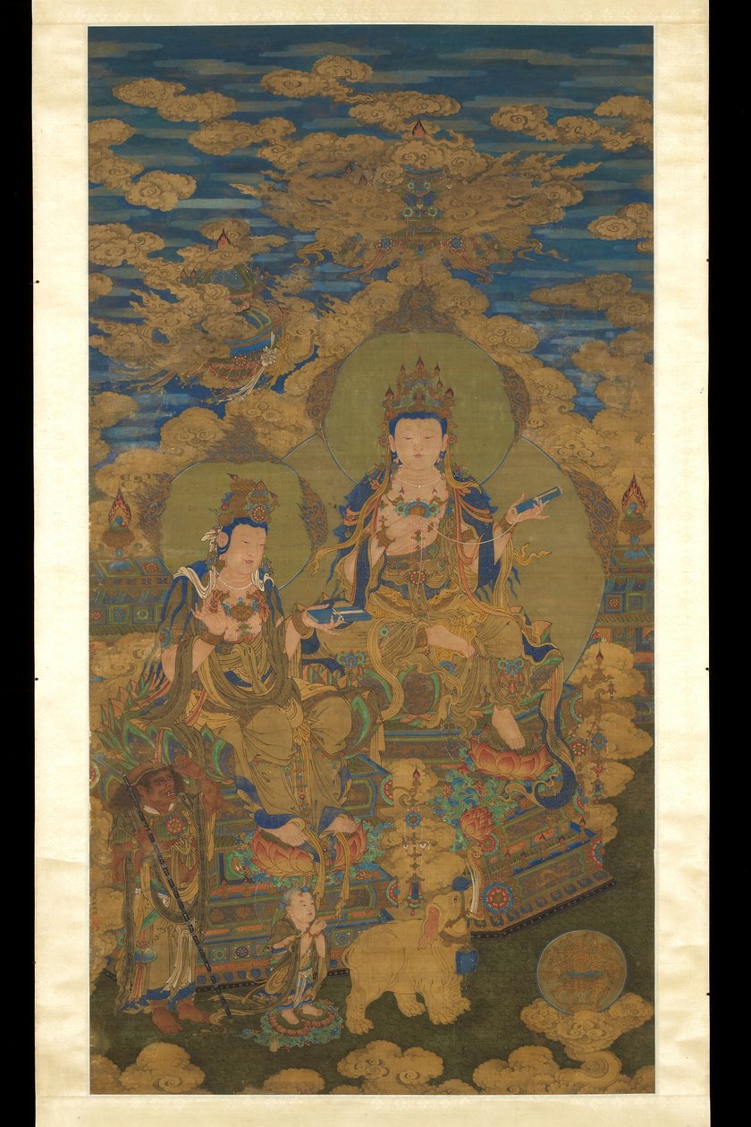 To versioner af bodhisattva Guanyin, ca. 1750 (blæk & farve på silke) af Guanpeng (after) Ding