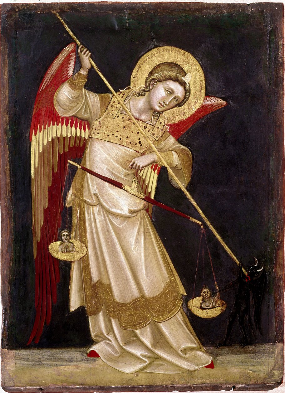 Engel vejer en sjæl på en vægt Træmaleri af Guariento di Arpo (1338-1370) Museo Civico fra det 14. århundrede, Padua af Guariento di Arpo