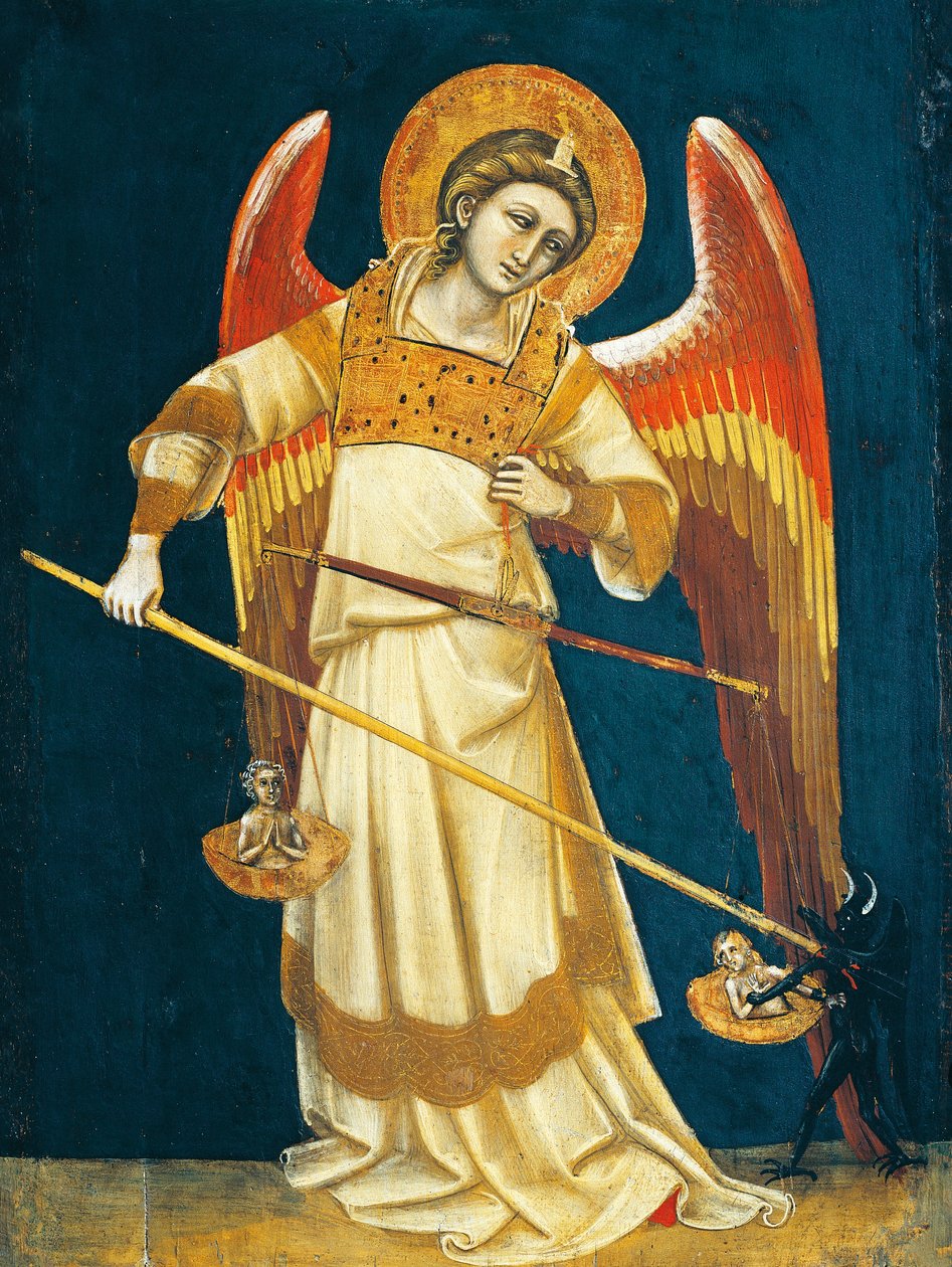 Ærkeenglen Michael vejer sjæle, omkring 1354, af Guariento (aktiv 1338-1367 eller 1370), tempera på panel af Guariento di Arpo