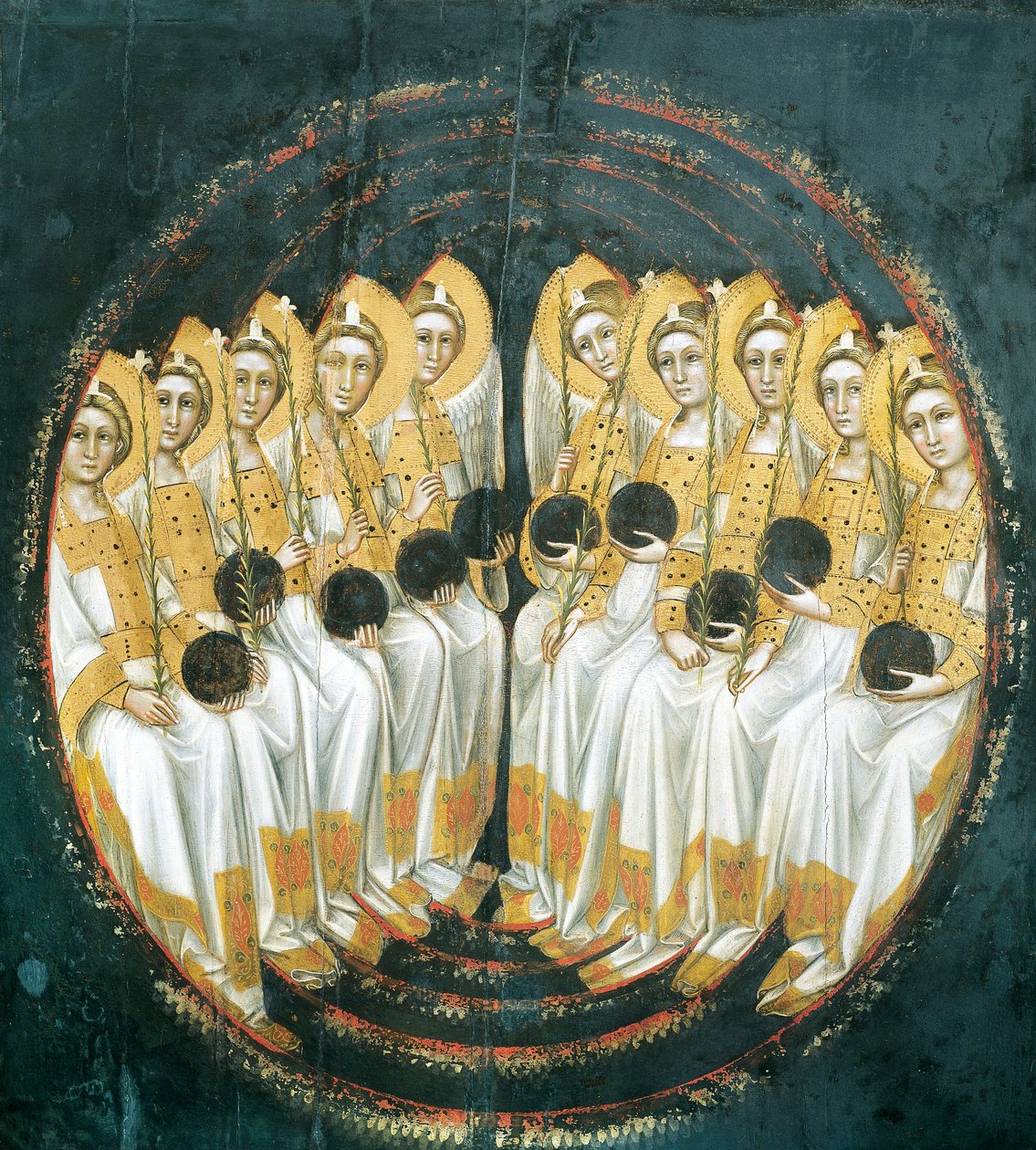 Siddende engle med kugler i hænderne, af Guariento (aktiv 1338-1367 eller 1370), tempera på panel af Guariento di Arpo