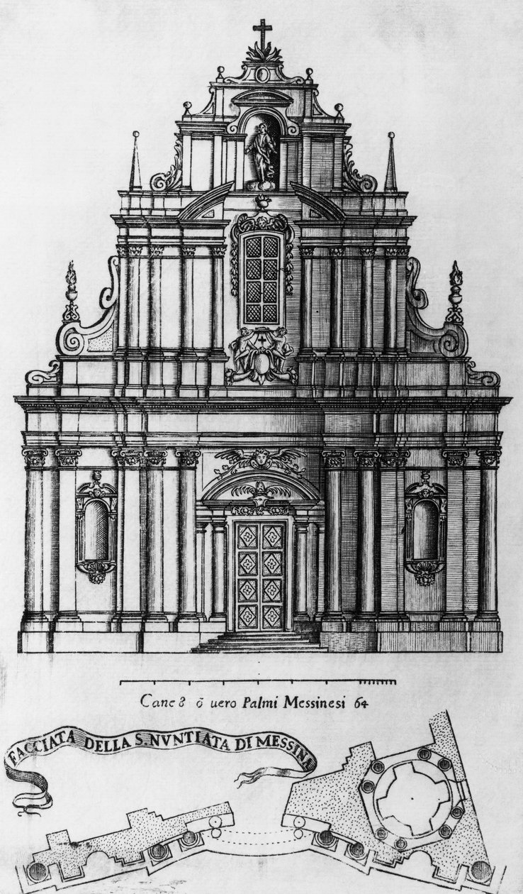 Messinan ilmestyskirkon julkisivu ja pohjaratkaisu, kaiverrus Guarino Guarini (1624-1683), Italia af Guarino Guarini
