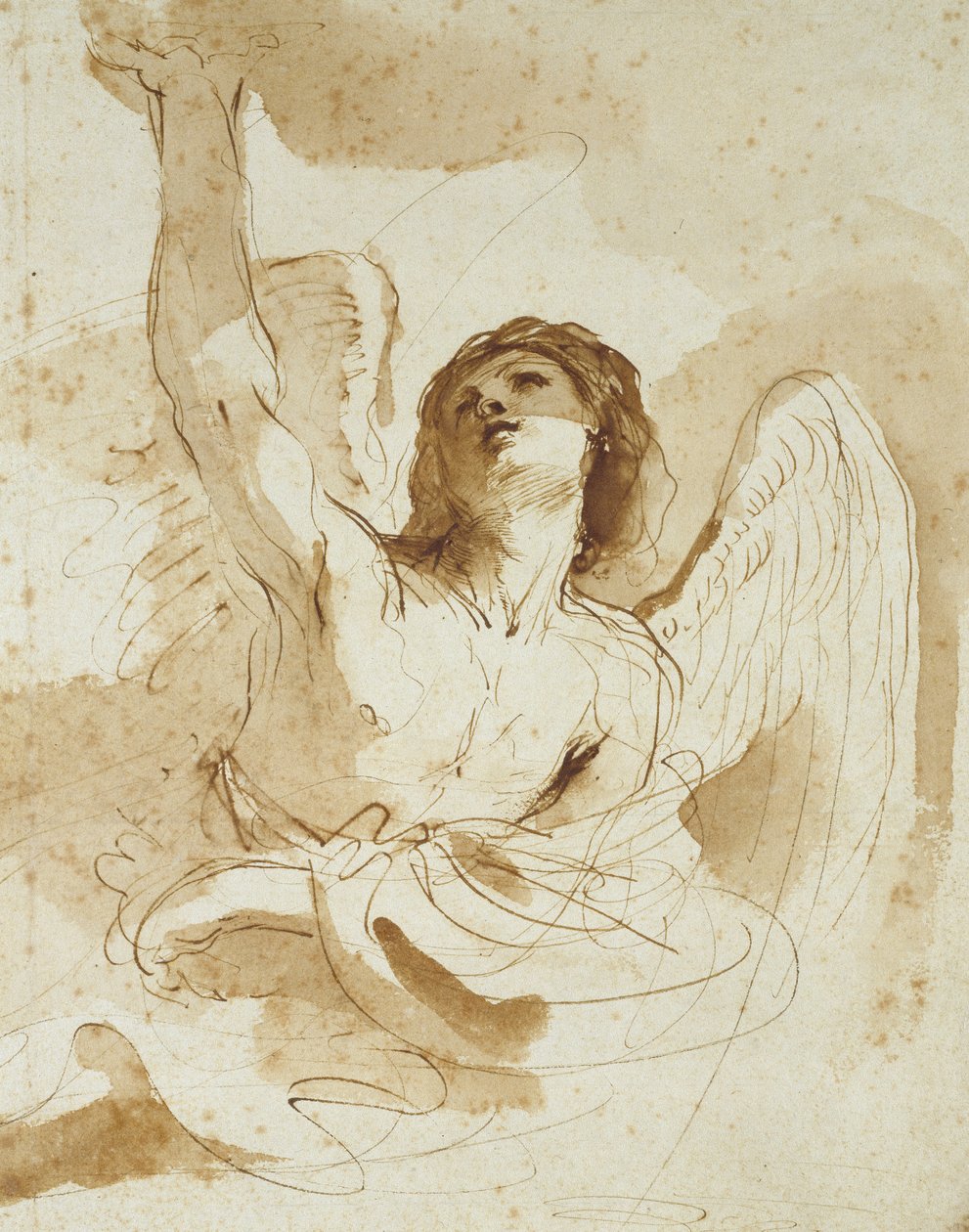 En engel (pen og brun blæk med brun vask på råhvidt papir) af Giovanni Francesco Barbieri