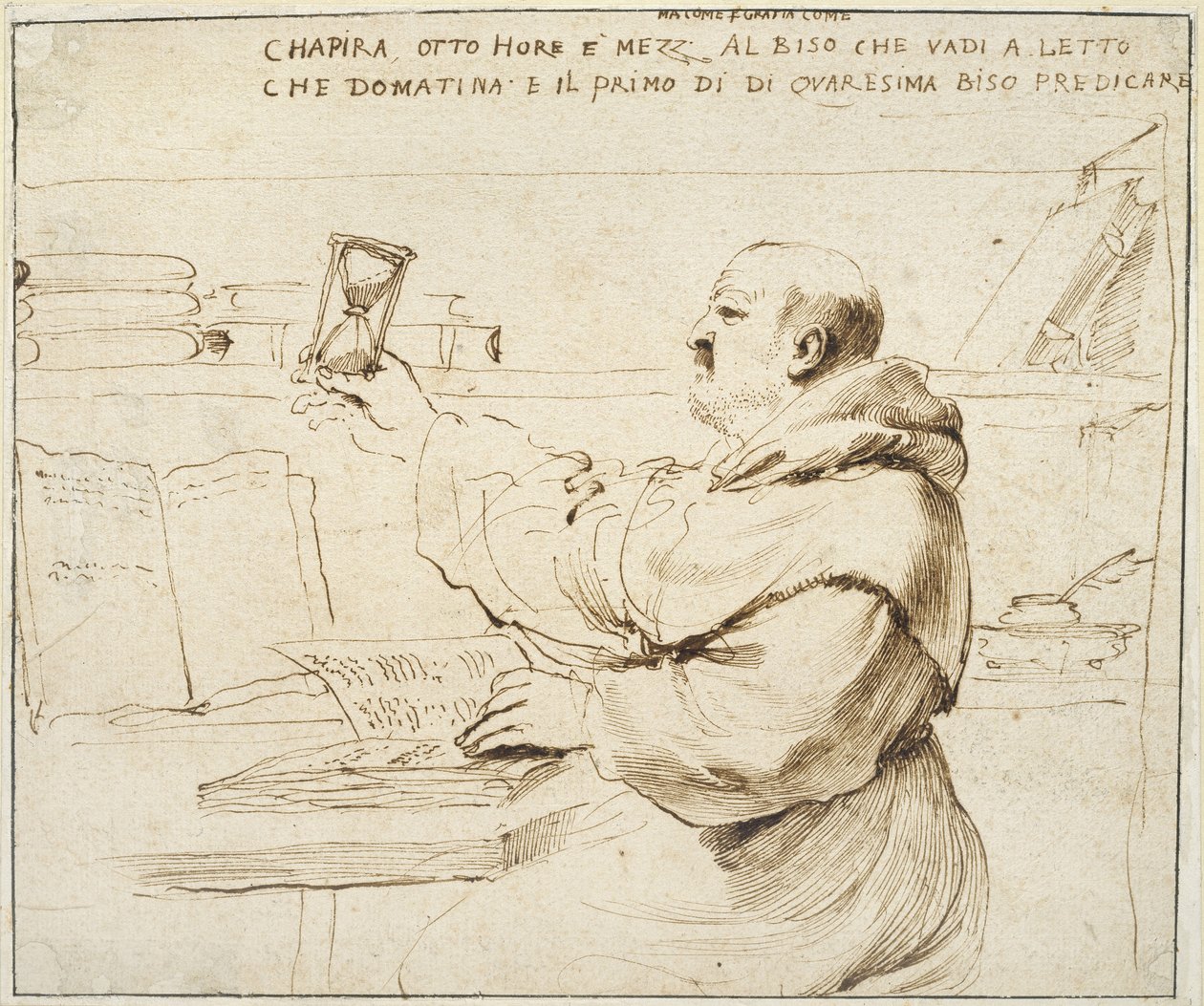 Karikatur af Fra Bonaventura Bisi, 1655 - 1659 (pen og brunt blæk på råhvidt papir) af Giovanni Francesco Barbieri