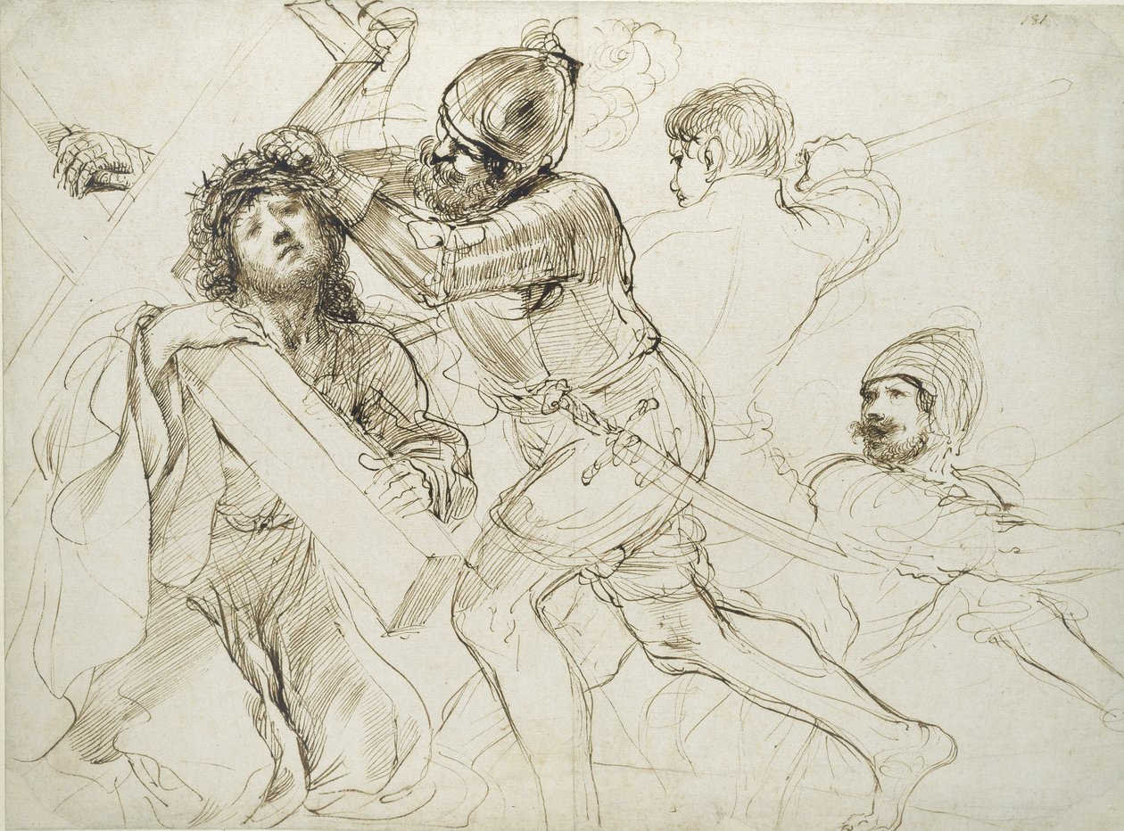 Kristus bærer korset, ca. 1625 - 1628 (pen og brunt blæk på hvidt papir) af Giovanni Francesco Barbieri