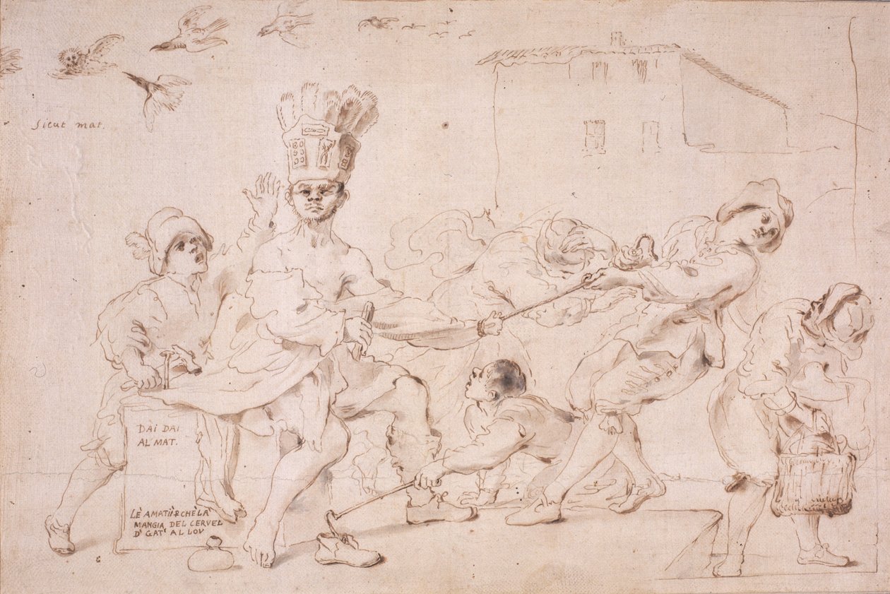 Figuremne (blæk (sepia) på papir (på kort)) af Giovanni Francesco Barbieri