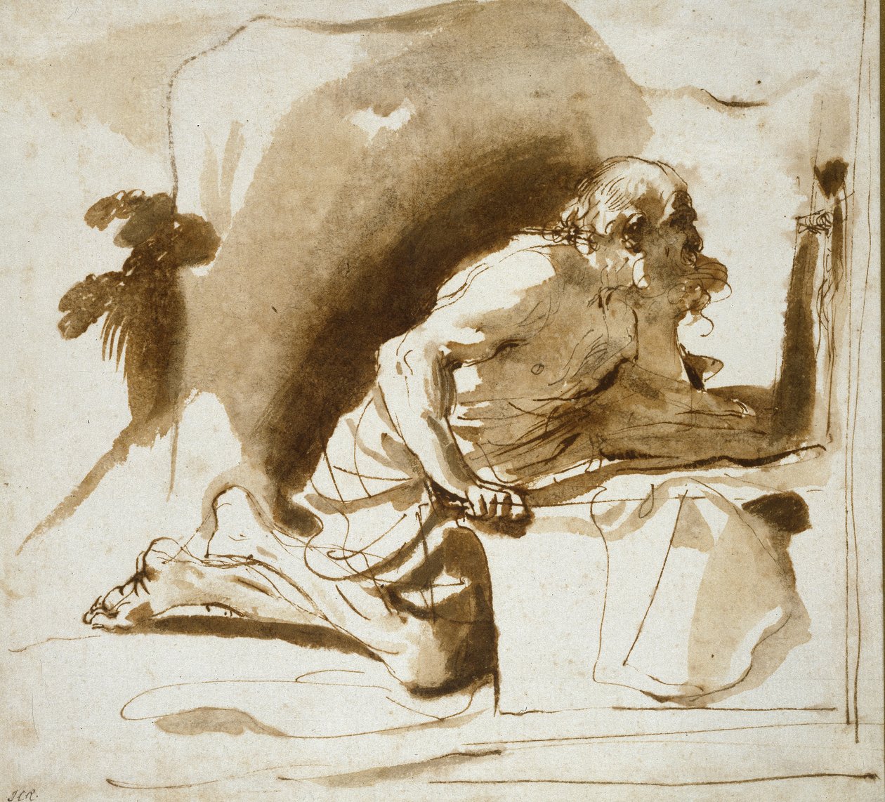 Sankt Hieronymus, ca. 1622 - 1624 (pen og brun blæk med brun vask på hvidt papir) af Giovanni Francesco Barbieri