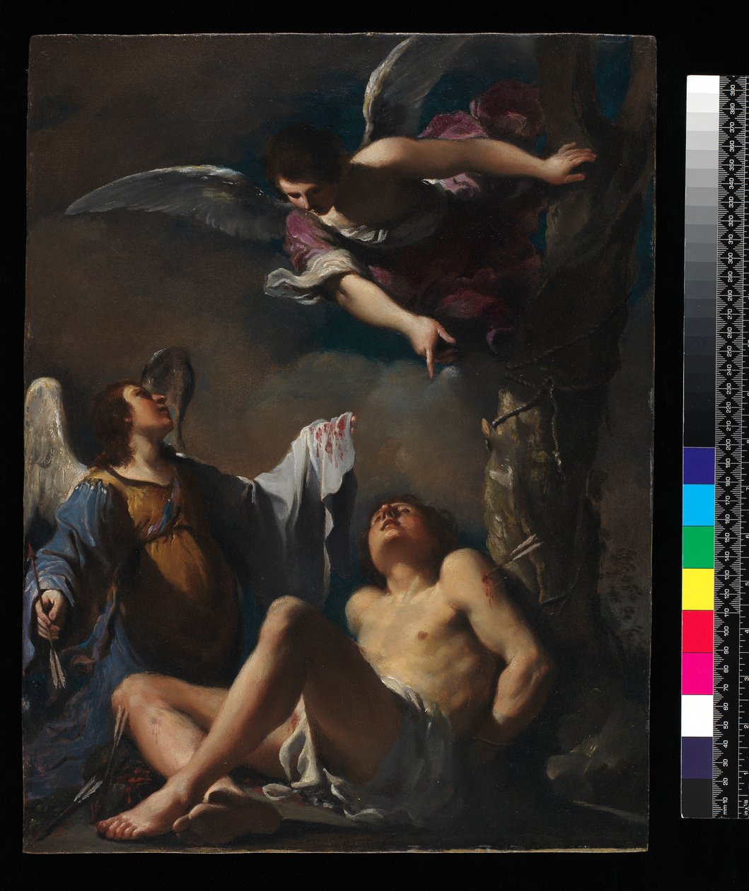 St. Sebastian støttet af to engle, 1617 (olie på kobber) af Giovanni Francesco Barbieri