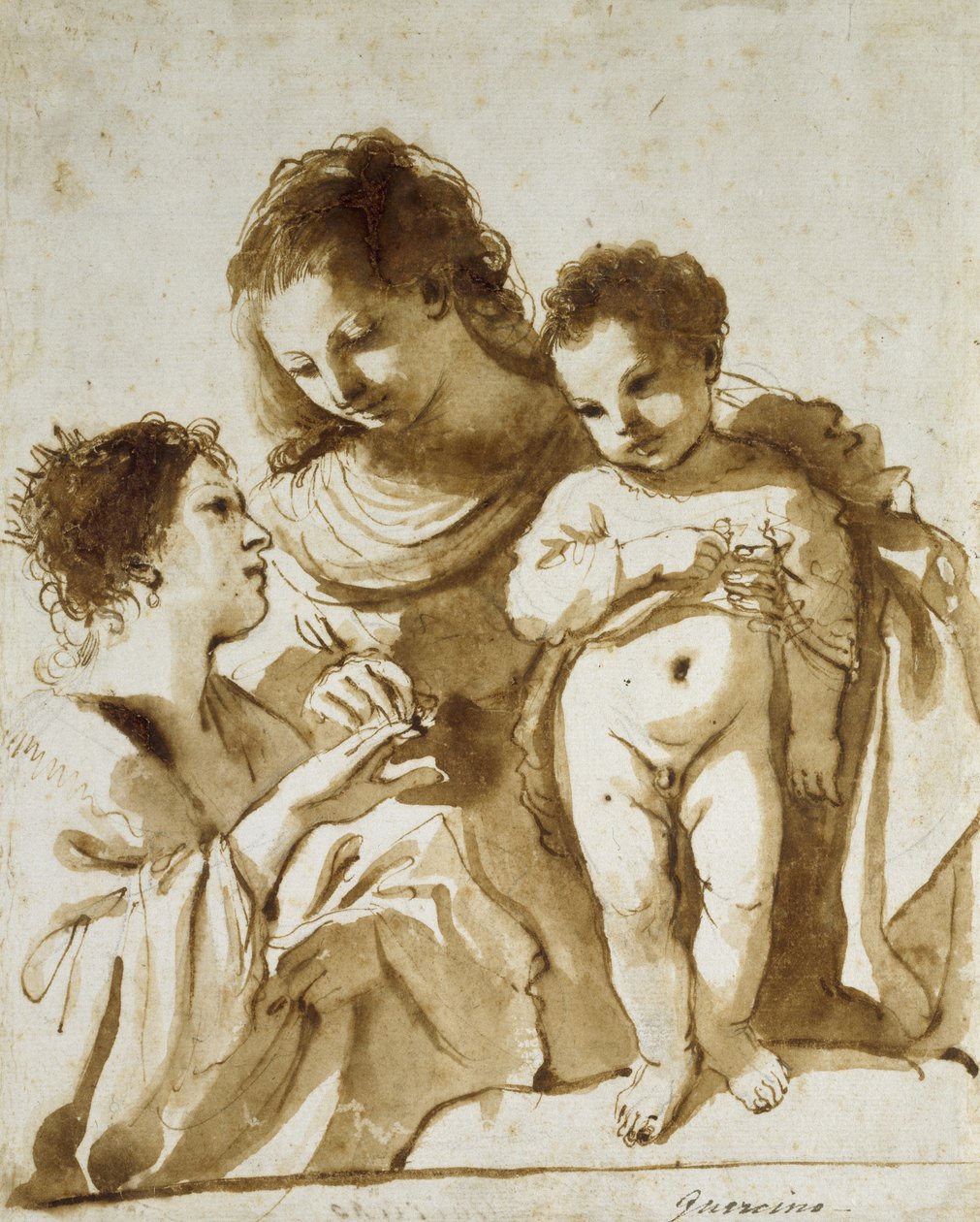 The Mystic Marriage of St Catherine, 1618 - 1619 (pen og brun blæk med brun vask over angivelser i sort kridt på hvidt papir) af Giovanni Francesco Barbieri