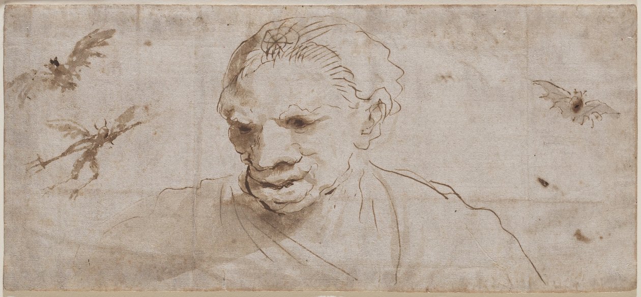 En heks, to flagermus og en dæmon på flugt, tidligt 17. århundrede (pen og brun blæk med brun vask på bindet papir) af Giovanni Francesco Barbieri