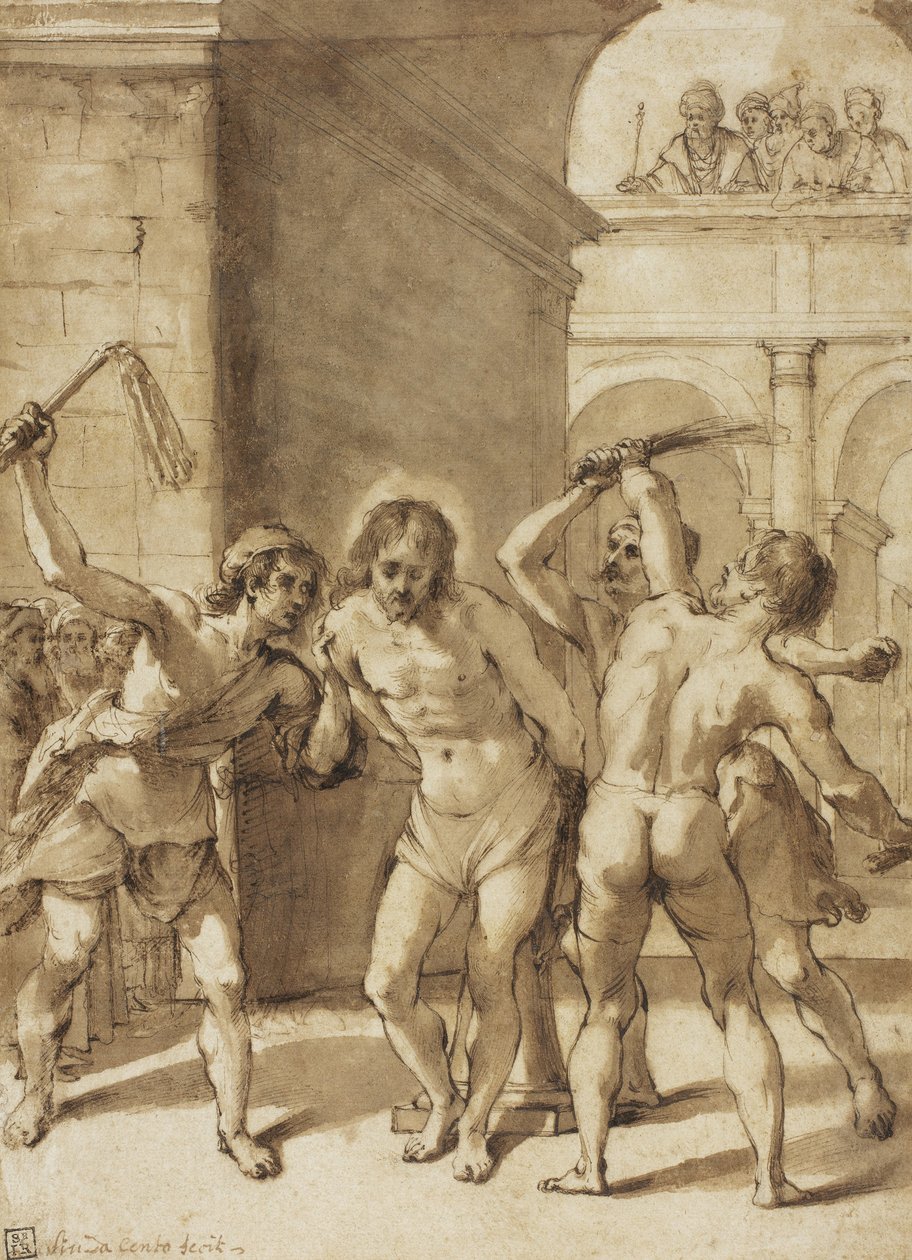 Flagellation of Christ (pen  brunt blæk, med pensel  brun vask  spor af grafit, på cremefarvet lagen, lagt på cremefarvet lagen) af Guercino (1591-1666) (school of)