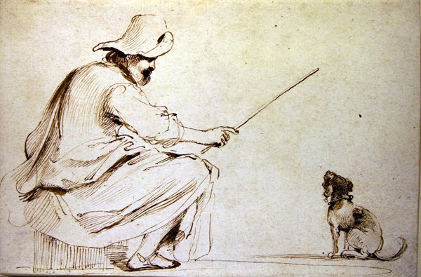 En siddende mand træner en hund (pen & brunt blæk og vask på papir) af Guercino