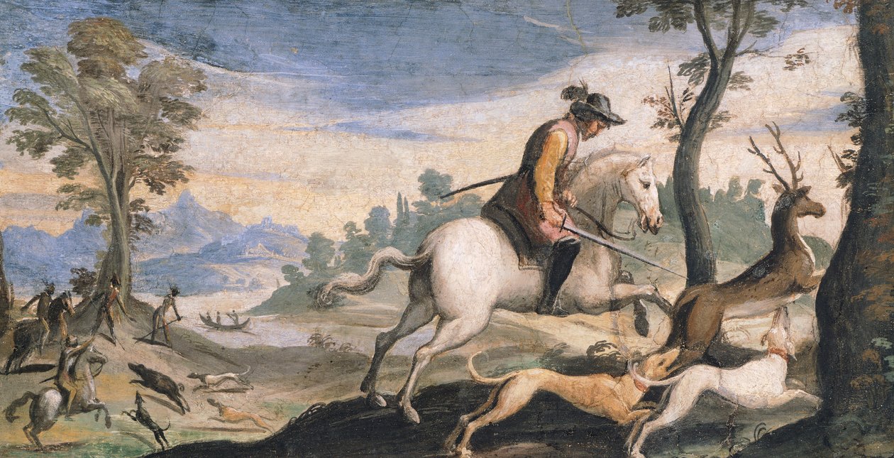Jagt på hjorte og vildsvin, af Giovanni Francesco Barbieri, kendt som Guercino (1591-1666), fresco, 53x101 cm af Guercino