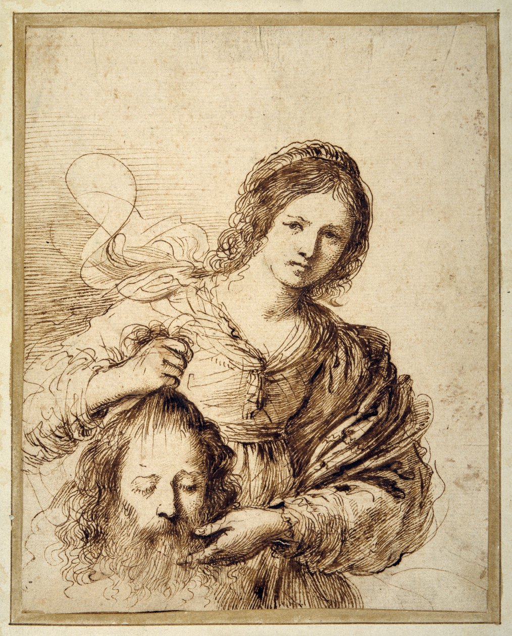 Judith med hovedet af Holofernes (pen & brunt blæk på cremepapir) af Guercino (1591 1666)