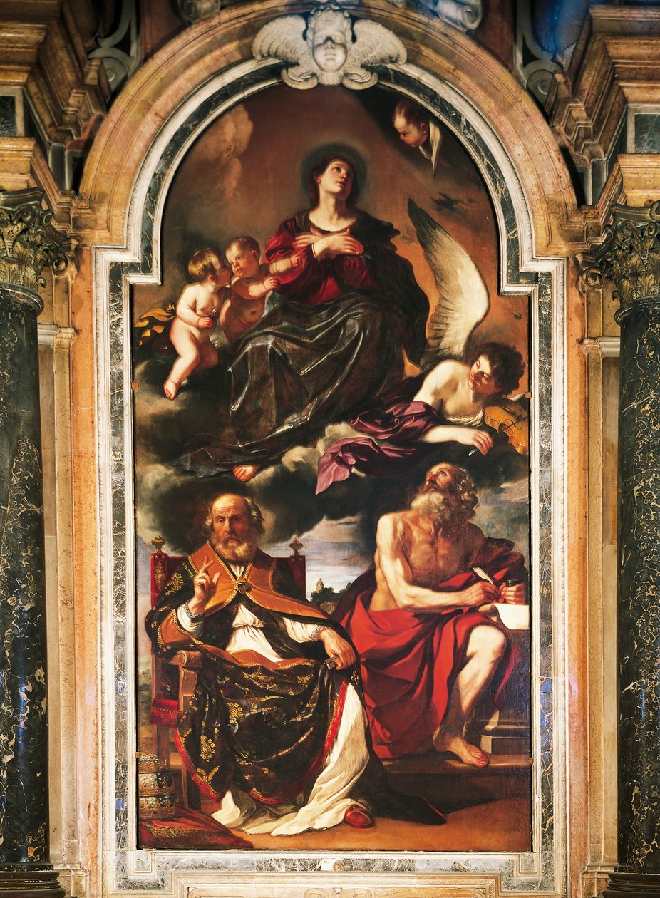 Maria antagelse med Sankt Peter og Sankt Hieronymus, af Giovanni Francesco Barbieri, kendt som Guercino (1591-1666), olie på lærred. Santa Maria Assunta-katedralen, Reggio Emilia. af Guercino