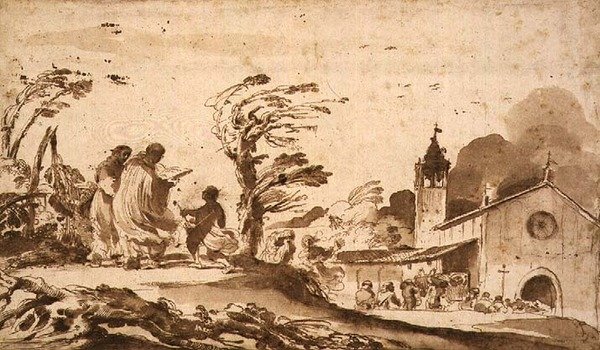 PD.1-1987 Landskab med et begravelsesoptog (blæk og vask) af Guercino