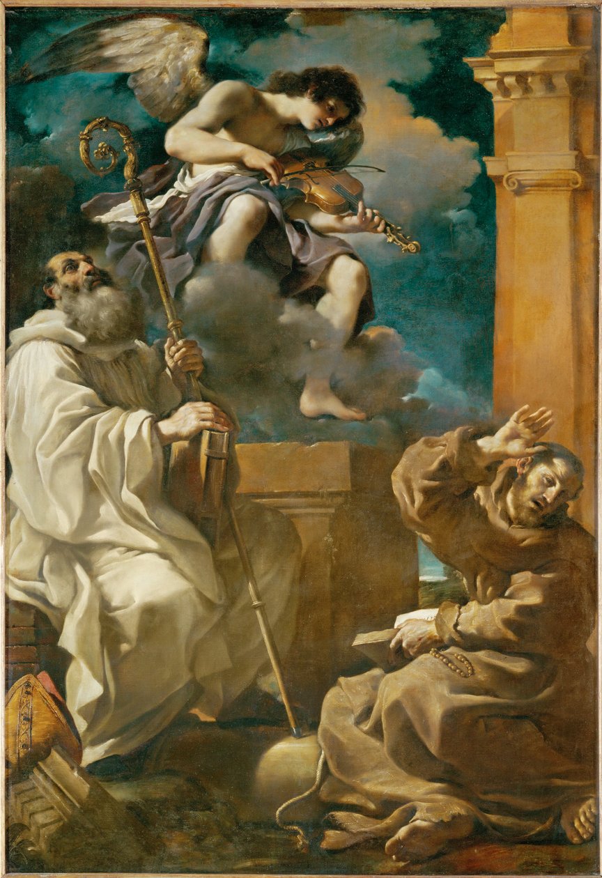 Den hellige Frans i ekstase og den hellige Benedikt med en engel ... af Guercino (1591-1666)