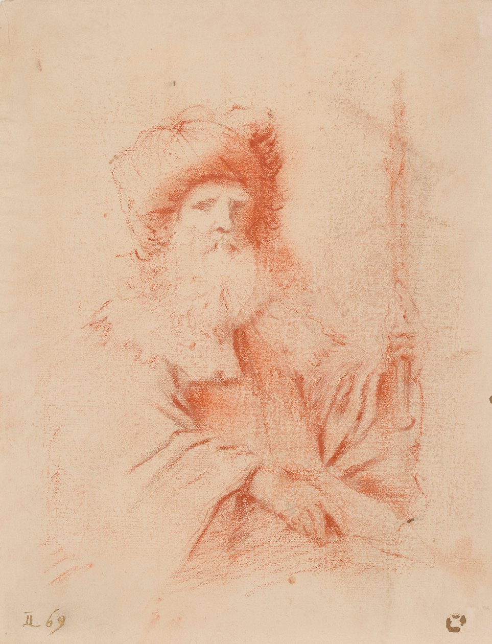 Skitse af skægget mand i Turban (rød kridt på papir) af Guercino