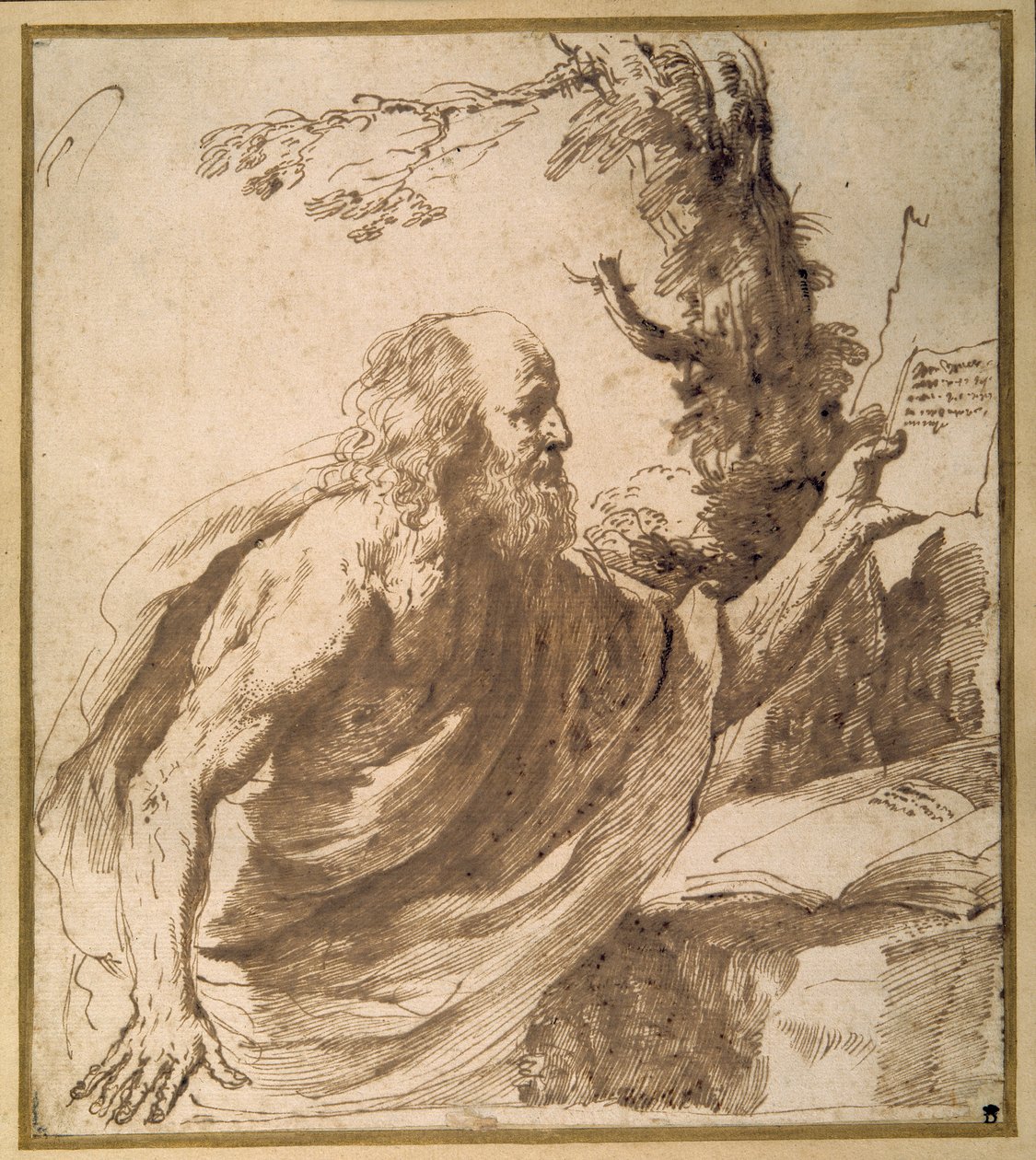 En helgen, der læser i ørkenen (pen og blæk på papir) af Guercino