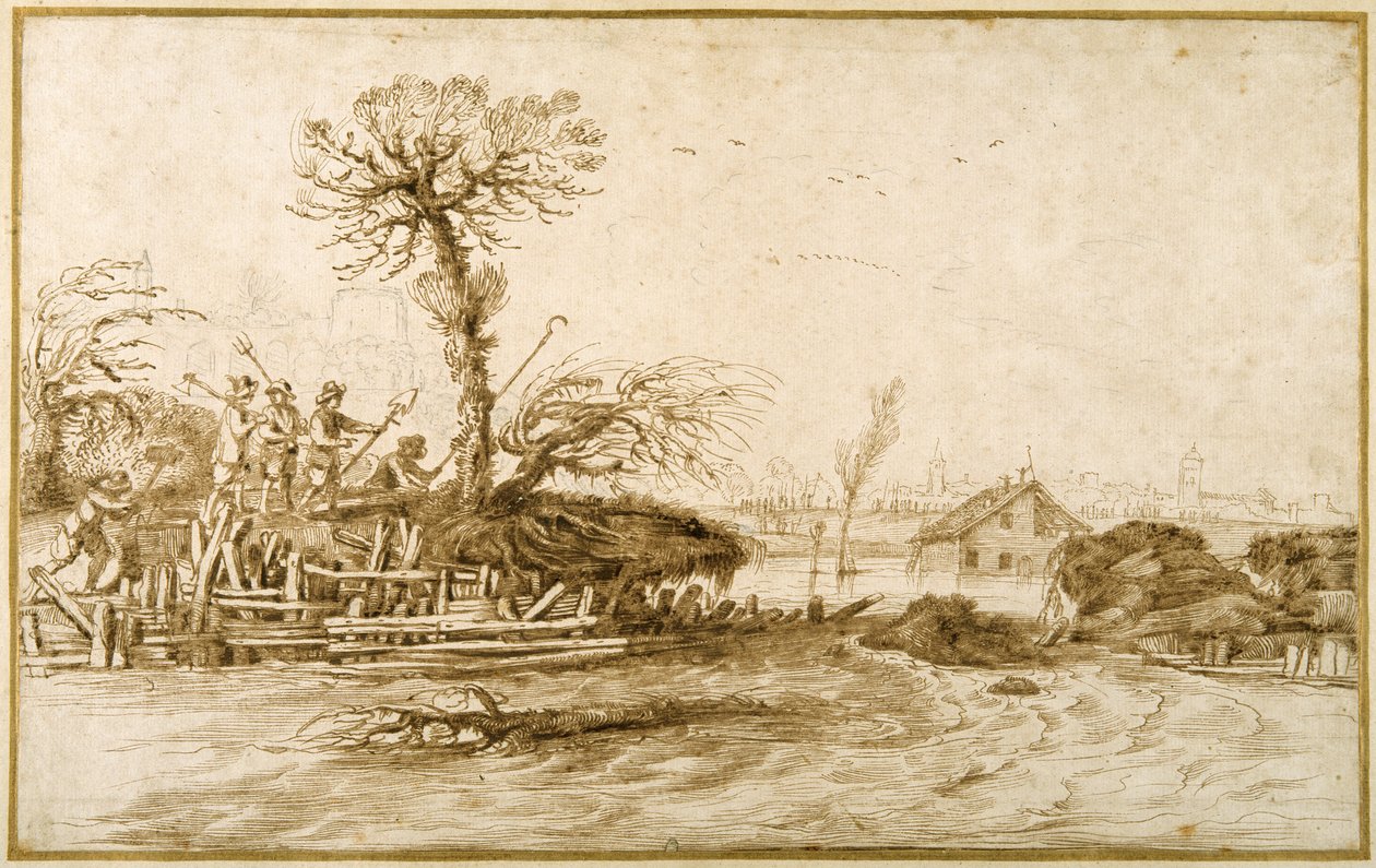 En flod i oversvømmelse, og bønder med økser og andre værktøjer (pen og blæk over kridt på papir) af Guercino