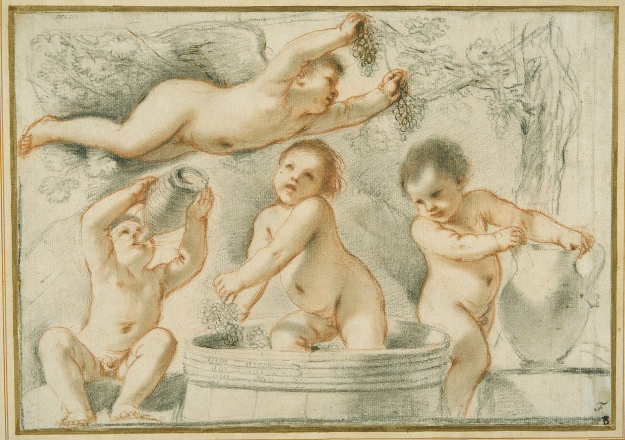 Allegori om vinfremstilling (rød og sort kridt med blæk på papir) af Guercino