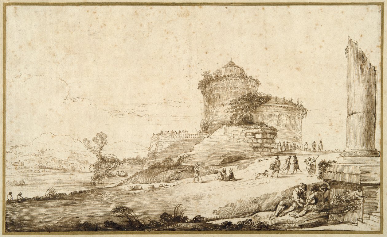 Landskab med en knækket søjle, et slot og talrige figurer i forgrunden til højre (pen & blæk på papir) af Guercino