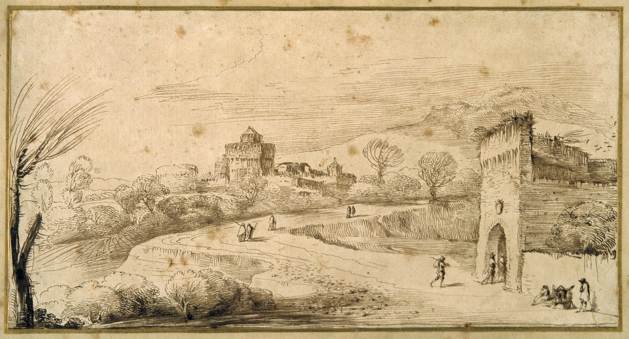 Landskab med et kreneleret porthus og en snoet vej (pen og blæk på papir) af Guercino
