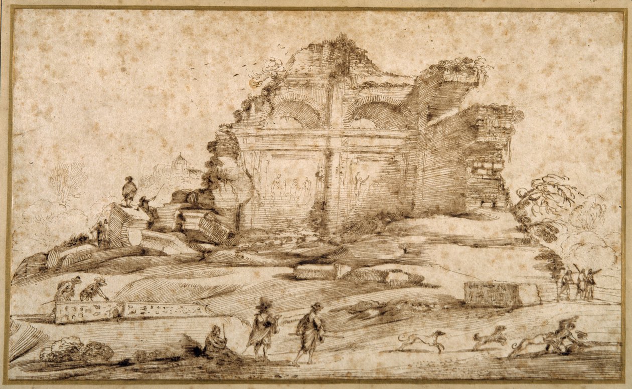Landskab med klassiske ruiner og en ungdom angrebet af hunde (pen og blæk på papir) af Guercino