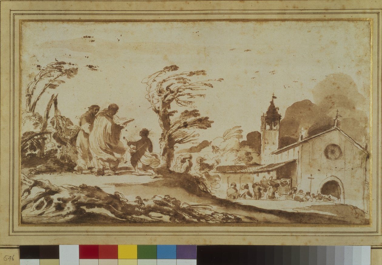 Landskab med figurer ved en kirke (pen & blæk og vask på papir) af Guercino