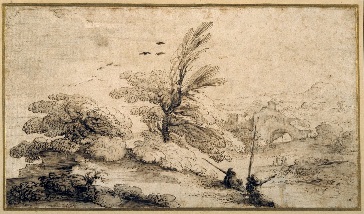 Landskab med to fiskere hvilende (pen og blæk på papir) af Guercino