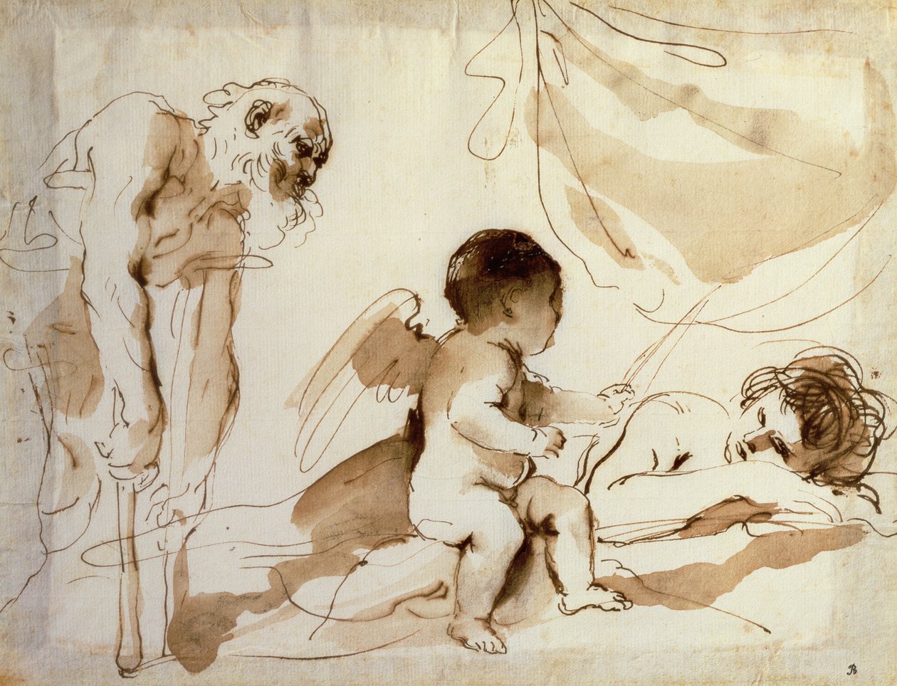 Mand på krykker, Amor og Sovende Venus (pen, blæk og vask på papir) af Guercino
