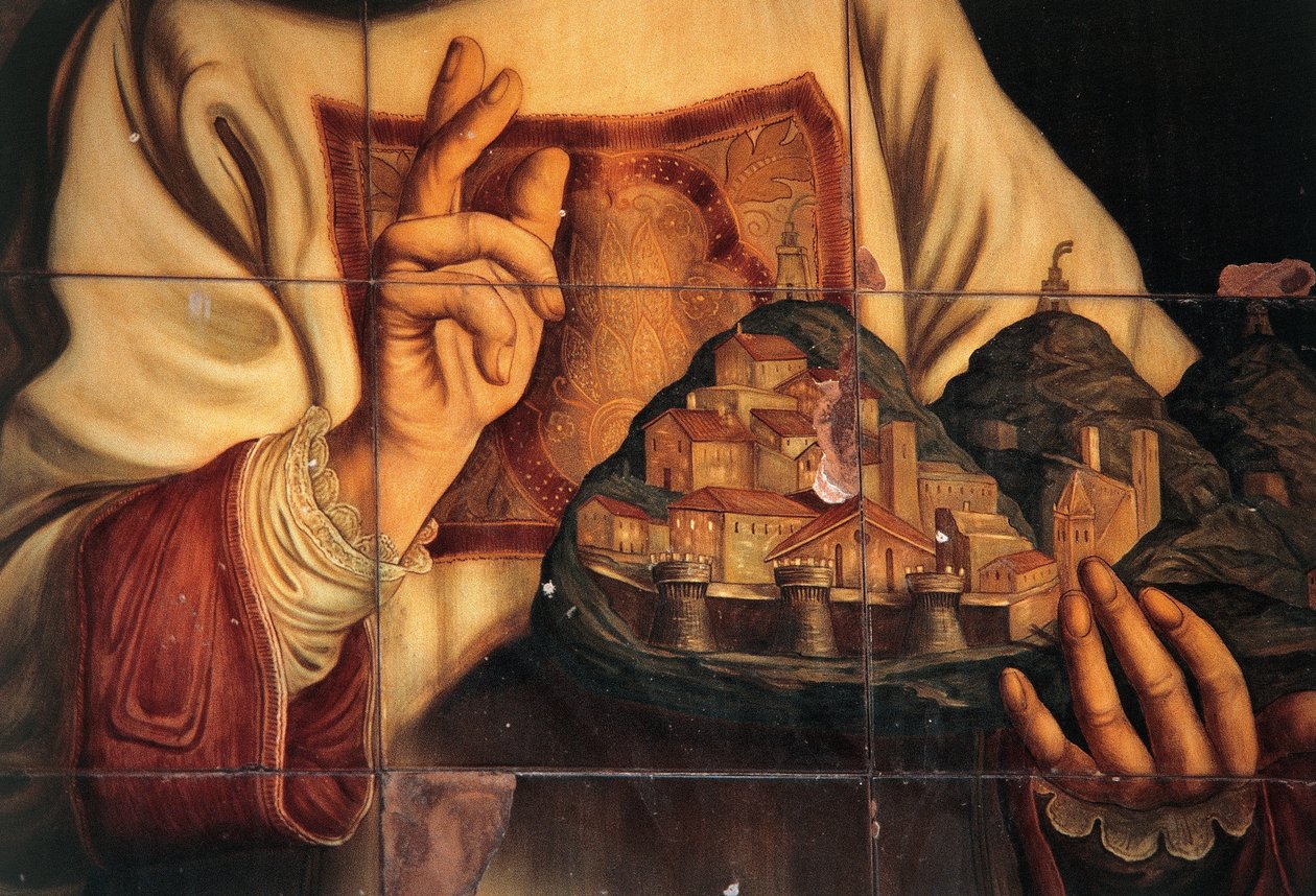 San Marino i velsignelse af byen, som han holder i hånden, olie på lærred, af Giovanni Francesco Barbieri, kaldet Guercino (1591-1666), Kongres- og publikumssal, Kongrespaladset, San Marino, Republikken San Marino af Guercino