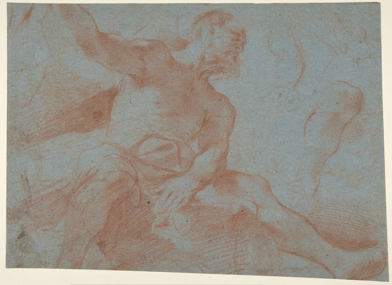 Siddende gammel mand med højre arm løftet (Tithonus) (recto) af Guercino