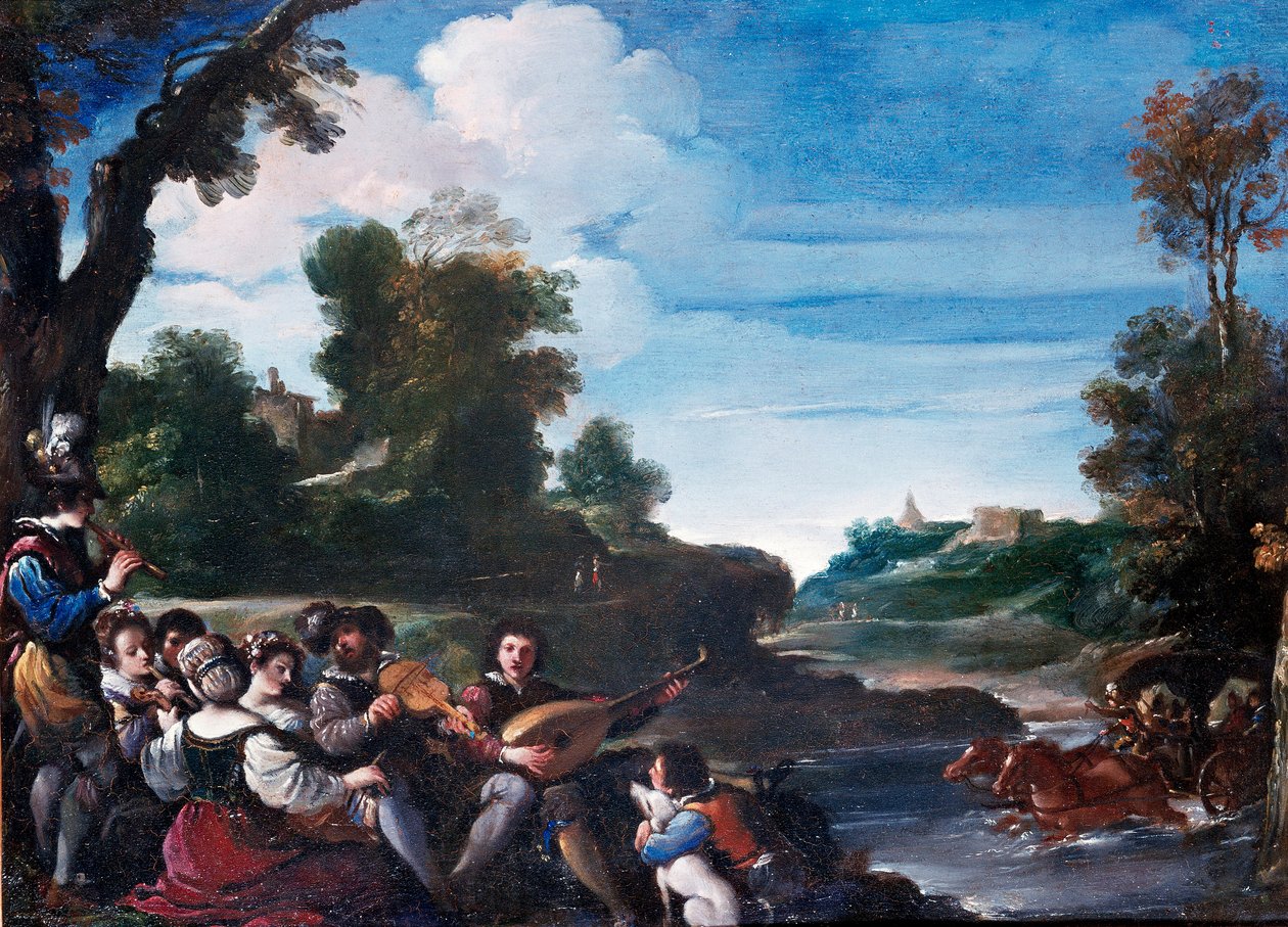 Sommerfornøjelser Landskab med koncert. Maleri af Giovanni Francesco Barbieri Guerchin dit Il Guercino (1591-1666) 1600-tallet søn. 0,35x0,47 m Firenze, Uffizi galleri af Guercino