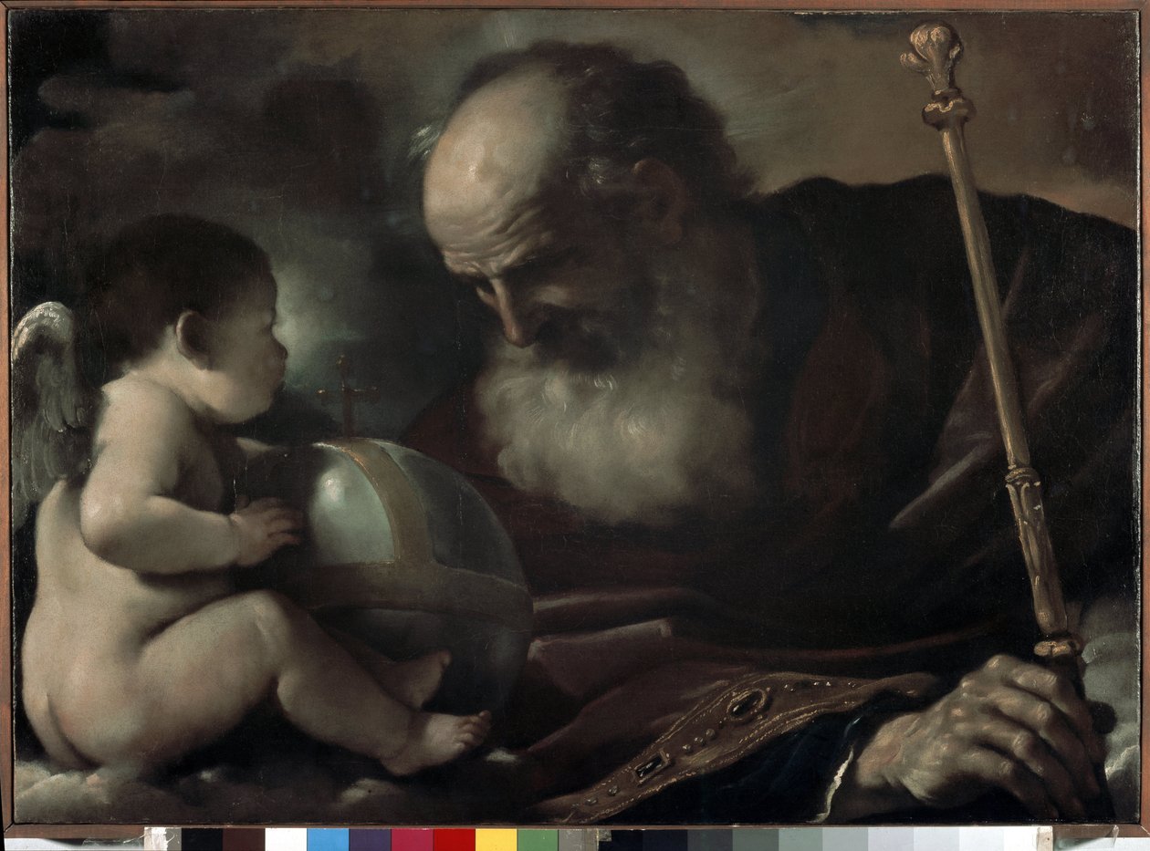 Den Almægtige Fader med en engel - Maleri af Barbieri Giovanni Francesco kaldet The Guerchin (1591-1666), olie på lærred, 66 x 91 cm af Guercino
