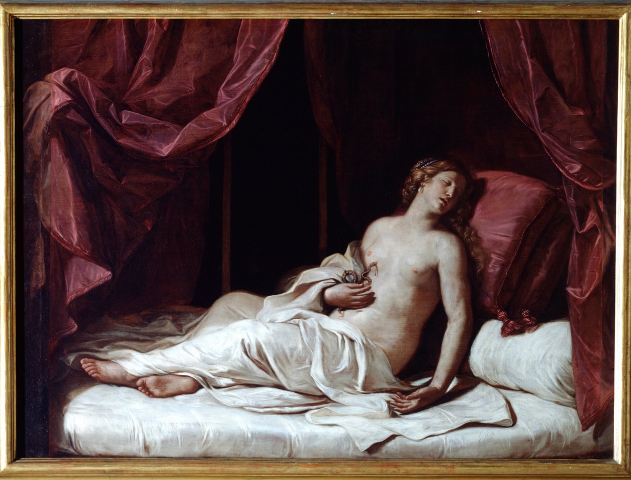 Dronning Cleopatras død Kleopatres selvmord Thea Philopator (69-30 f.Kr.), Dronning af det gamle Egypten - (Dronning Kleopatras død) Maleri af Guercino (Giovan Francesco Barbieri) (Guerchin) (1591-1666) 1737x Dim 1737 cm gener, Musei di Strada af Guercino