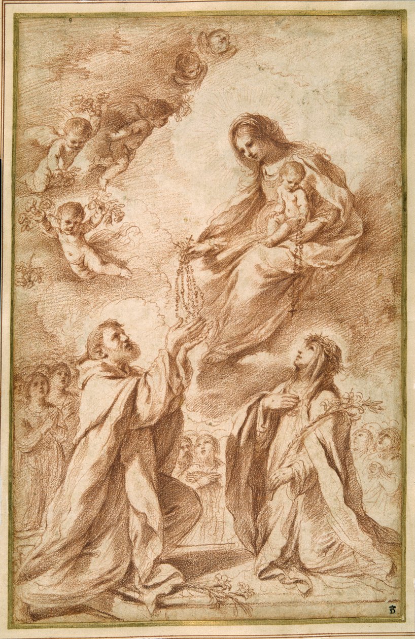 Madonna del Rosario med den hellige Dominikus og den hellige Katharina af Siena (rødkridt på papir) af Guercino