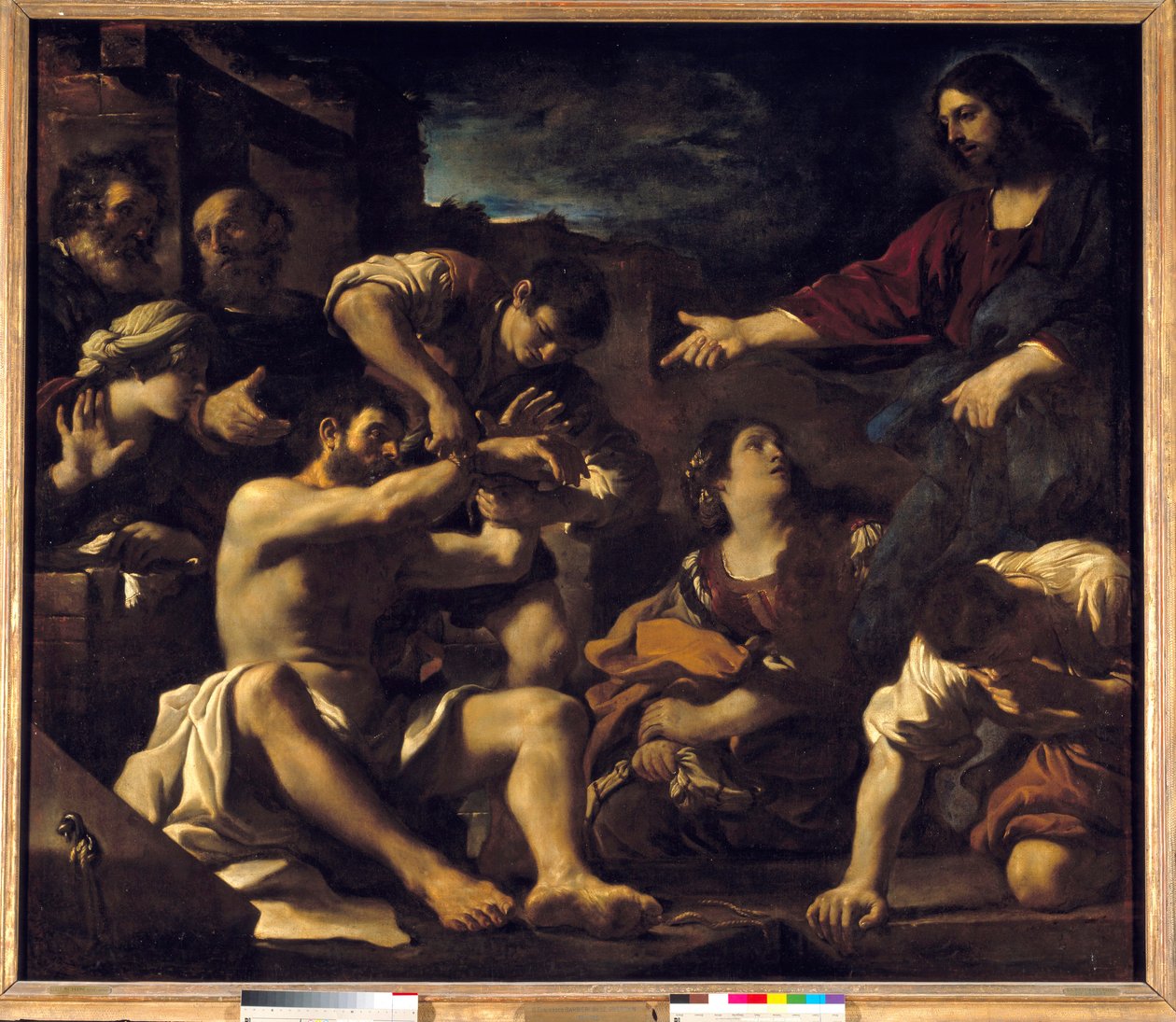 Lazarus opstandelse. Maleri af Giovanni Francesco Barbieri Guerchin dit Il Guercino (1591-1666). 1619 Søn. 2,01x2,33 m af Guercino