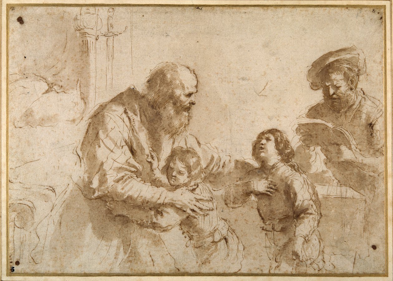To drenge trøstet af en skægget ældste, mens en anden skægget, midaldrende mand læser en bog (pen og blæk over kridt, med vask på papir) af Guercino