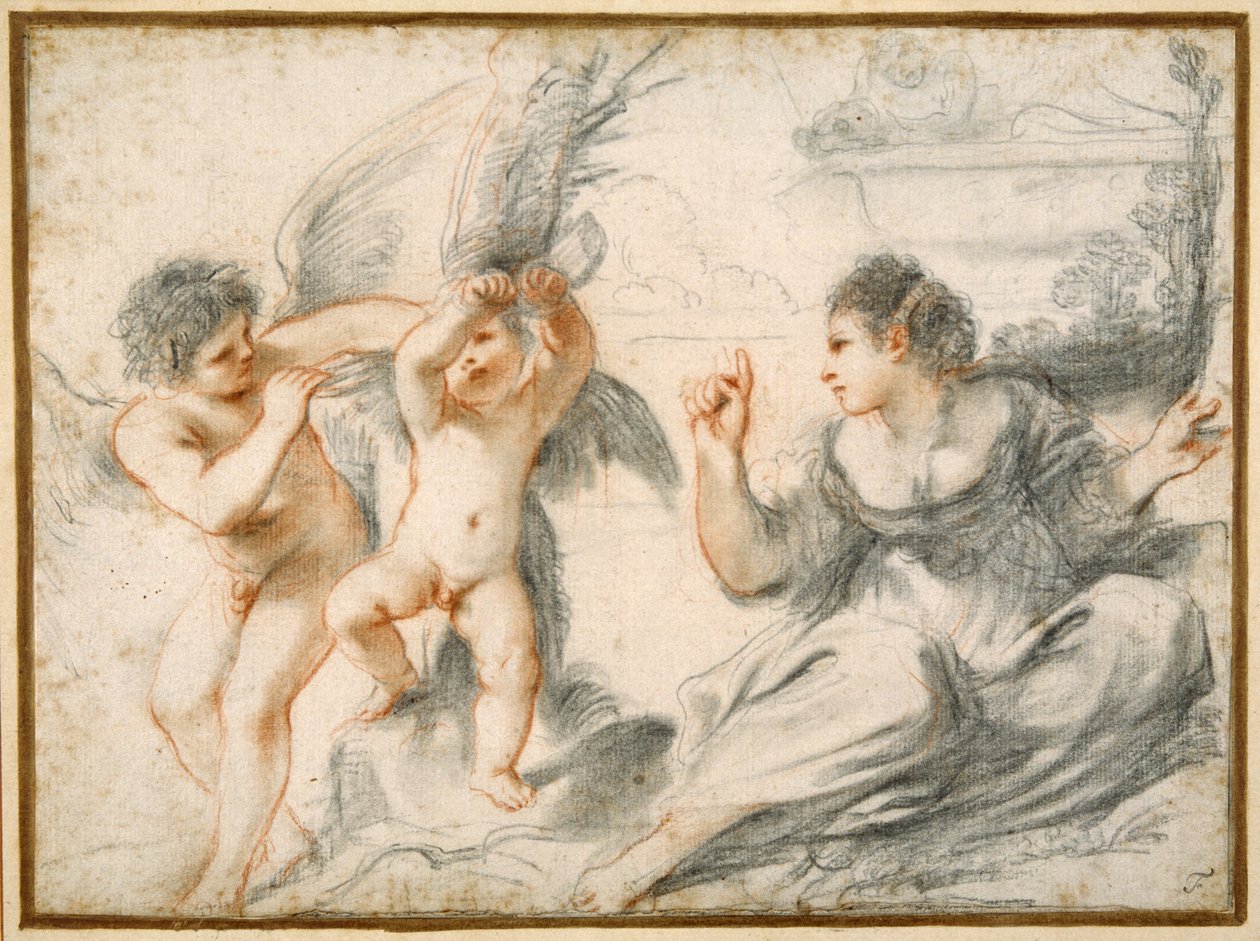 Venus skælder ud på Amor, mens en ældre amor binder ham til et træ (sort og rødt kridt på papir) af Guercino
